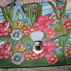 NWT Sukriti Light Blue Leather Crossbody Bag hand-painted floral design